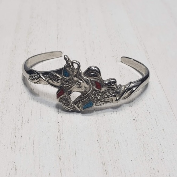 Vintage Jewelry - Vintage Unicorn Bracelet Cuff Bracelet Coral Inlay